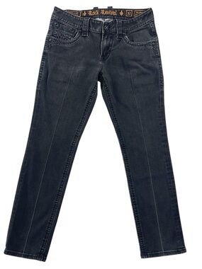 Rock Revival Jeans Mens 32x28 Black Denim Baldmen Slim Straight Embroidered